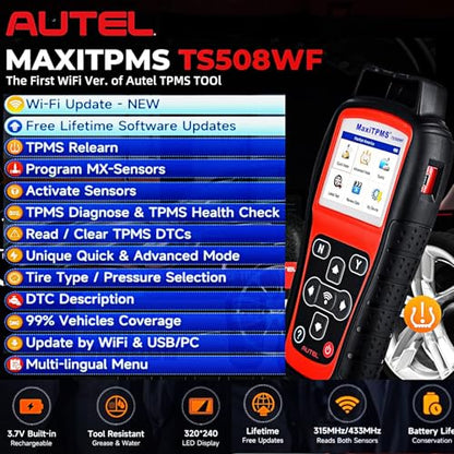 Autel MaxiTPMS TS508WF TPMS Relearn Tool, Upgrade of TS508 / TS408 TPMS Tool, Activate/Relearn All Sensors, Program Autel Sensors, TPMS Reset/Diagnosis, Read/Clear TPMS Code, Free Lifetime Update