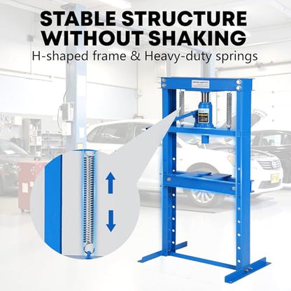 GAOMON Heavy Duty 12 Ton Hydraulic H-Frame Shop Press – Adjustable Table & Stamping Plates – Manual Hydraulic Power for Automotive, Garage, Bearing Removal, Metalworking – 12T, Blue