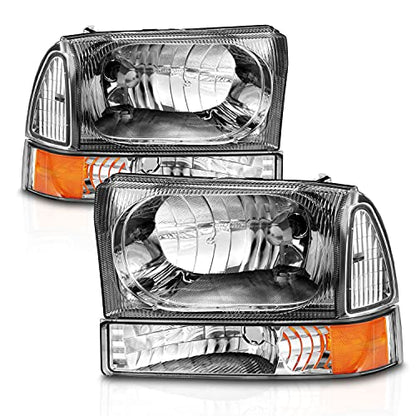 AmeriLite OE Chrome Replacement Headlights 4pcs Set w/Socket Bulb for 1999-04 Ford Excursion/Super Duty F250 F350 F450 F550 Truck - Passenger and Driver Side - color: Chrome