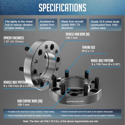 Wheel Accessories Parts 2 Pcs Hub Centric Wheel Spacers Adapters 6x5.5 6x139.7mm 1.25 Inch Thick 106.1mm Hub M12 1.5 12x1.5 Thread Stud Fits Toyota 4-Runner ｜ Tacoma ｜ Tundra ｜ FJ Cruiser - size: 1.25" (2 Pack), style: 00-24 Tacoma (Hub Cebtric)