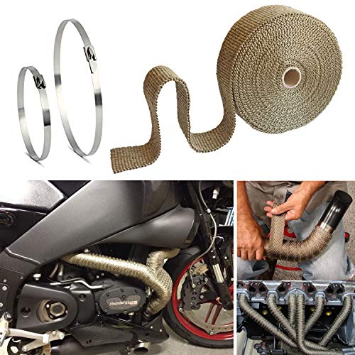 LEDAUT 2 Roll 2" x 50' Titanium Exhaust Heat Wrap Roll for Motorcycle Fiberglass Heat Shield Tape with Stainless Ties