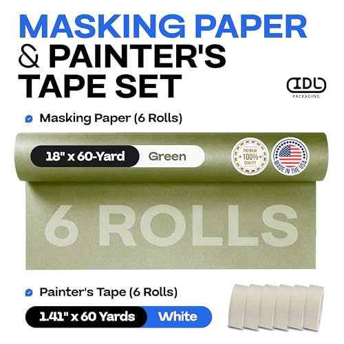 IDL Packaging Premium Masking Kit - 18" x 60 Yards Green Masking Paper (6 Rolls) and 1.41" x 60 Yards White Tape (6 Rolls) - Masking Set to Protect Surfaces - Great for Automotive Industry - size: Green 18" X 60 Yards, style: SET White, Pack of 6