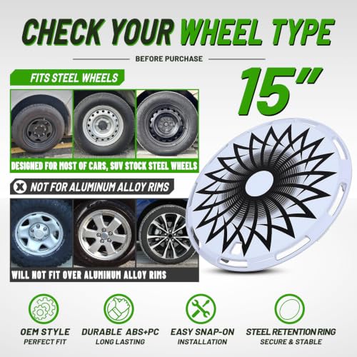 15" Universal Full-Size Hubcaps, 15 Inch Steel Wheels-White-Flower Bloom - color: White-Flower Bloom, size: 15 Inch