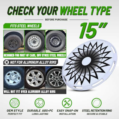 15" Universal Full-Size Hubcaps, 15 Inch Steel Wheels-White-Flower Bloom - color: White-Flower Bloom, size: 15 Inch