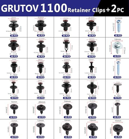 1102PCSCar Bumper Clips Automotive Push Pins Plastic Rivets Shield Retainer Clips Assortment Xmas Tree Fasteners Kit Most Common Sizes Auto Body Push Pin with Removers for Ford Honda Chrysler GM - size: 1102PCS