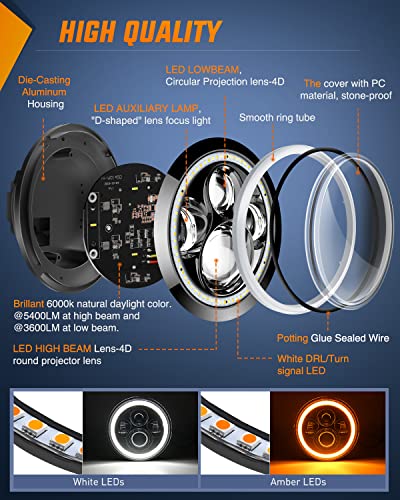 Nilight 2PCS 7 Inch LED Halo Headlights w/Turn Signal Amber White DRL - color: JK Headlight White Amber 2Pcs