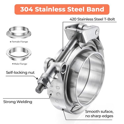 4 inch Quick Release V Band Clamp with Male Female Flanges, 304 Stainless Steel Exhaust V band Clamp for Automotive exhaust system, turbocharger, downpipe and mufflers - color: V Band Clamp With Flange, size: 4inch