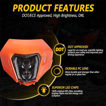 RAMJET4X4 LED Dirt Bike Enduro Supermoto Motorcycle Headlight W/DRL - color: orange