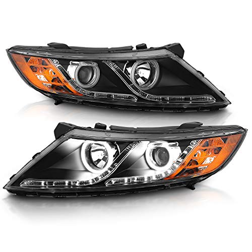 AmeriLite for 2011-2015 Kia Optima Halogen Model Xtreme LED Halo Rings Projector Black Replacement Headlights Set - Driver and Passenger Side - color: Black