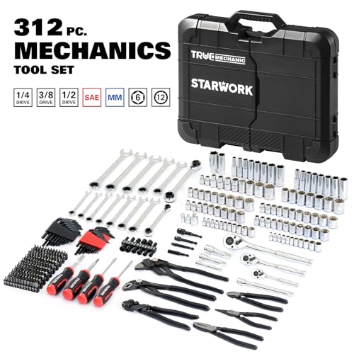 STARWORK TRUE MECHANIC 312-Piece Mechanics Tool Set and Socket Set, Professional 【Pliers Wrench】 SAE/Metric, Mirror-Finish Sockets & Ratchet Wrenches - size: 312 PW_Mirror