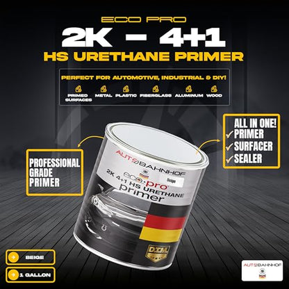Eco Pro 2K 4:1 HS Urethane Primer Beige & Fast Hardener Kit – High Build, Controlled Drying, Auto Body & Industrial Coatings – 1 Gallon Primer + 1 Quart Hardener - color: Eco-Pro-2K-4-1-Beige-Fast-Kit