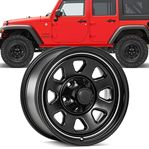 Quadratec CJ Retro 17" Alloy Wheel, Satin Black - 5x5 Bolt Pattern with 5.2" Backspace - 17x8.5 (+11mm Offset) - Fits Jeep JT, WK, WK2, JK, JL, JKU, JLU 05-22 - Hub Centric Alloy Aluminum Wheel - color: Satin Black