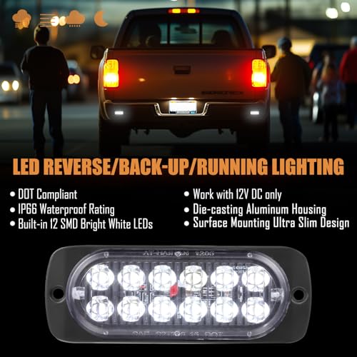 Pack of 2 Aluminum Housing Clear Lens White LED Reverse Backup Running Lights, DOT Compliant Waterproof Surface Mount Lighting for Truck Tractor Jeep RV - color: White, size: 4.4 INCH
