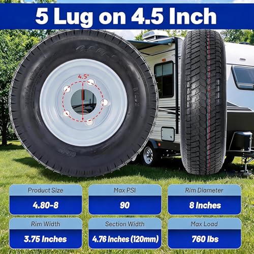Garvee 2 Pack 4.80-8 4.80x8 480-8 Trailer Tires with 8 inch Rims, 5 Lug on 4.5 inch, Center Bore 2.85 inch, Multi-Function Utility Trailer Tire for Travel/Cargo/Boat/Horse/Farm/Lawn Mower - size: 4.80-8, style: 5 lug on 4.5"