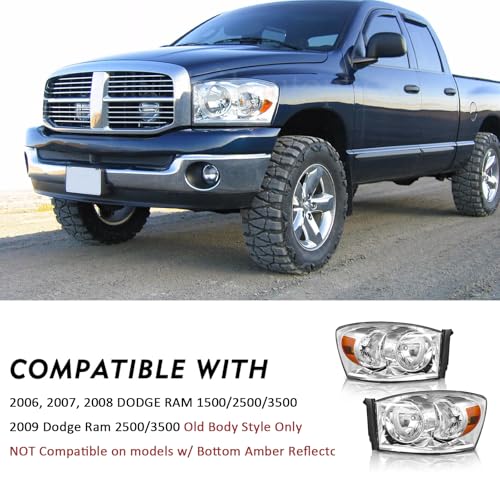 For 2006 2007 2008 Dodge Ram Headlight Assembly OEM Style Replacement for 06-08 Ram 1500, 2009 Ram 2500 3500 Old Body Style Only (NOT fit w/ Bottom Amber), Halogen Head Lights Headlamp L+R, Chrome - color: Chrome Amber Headlight