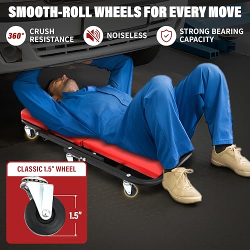 BullsArmor Mechanic Creeper Bench & Stool 2 in 1 - Folding Adjustable Chair Z Design 300 Lbs Capacity - Heavy Duty Garage Seat Tool 6 Wheels - Gift Ideas for Car Guy Maintenance Repair Shop Equipment