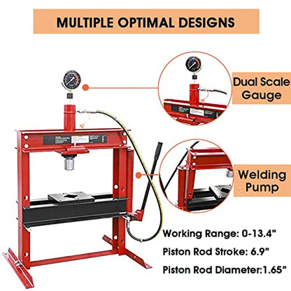Big RED ATY12001R Torin Steel H-Shape Hydraulic Garage/Shop Benchtop Press with Gauge and Stamping Plates, 12 Ton (24,000 lb) Capacity, Red