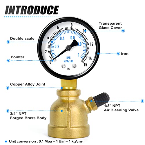 MEANLIN MEASURE 0-15Psi Forged Brass Air Test Pressure gauges, 3/4" FNPT Connection, 2" Double Graduated, Bell Shape Body Assembly, -3-2-3% Accuracy - size: 0-15Psi, style: Brass Body
