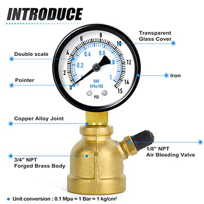 MEANLIN MEASURE 0-15Psi Forged Brass Air Test Pressure gauges, 3/4" FNPT Connection, 2" Double Graduated, Bell Shape Body Assembly, -3-2-3% Accuracy - size: 0-15Psi, style: Brass Body
