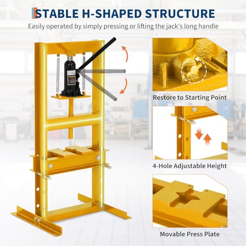 6 Ton Hydraulic Shop Press, H-Frame Heavy-Duty Garage Floor Press with 2 Press Plates, Adjustable Height Work Table, Ideal for Automotive Repair, Metalworking & Bearing Installation