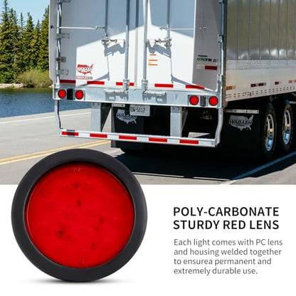 2PCS 4" Round Red LED Trailer Tail Lights - 12 Diodes 3-in-1 Stop/Brake/Turn Lights w/Surface Mount Grommets & 3-Prong Pigtails for Truck Trailer RV Jeep Boat - color: red