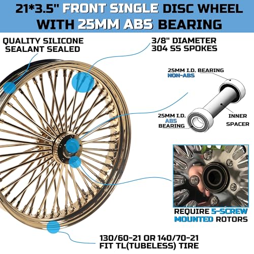 FatFlex Front Wheel for Harley Softail Slim Fat Boy 21” x 3.5” Gold - color: 21*3.5'', Gold+Gold+Gold