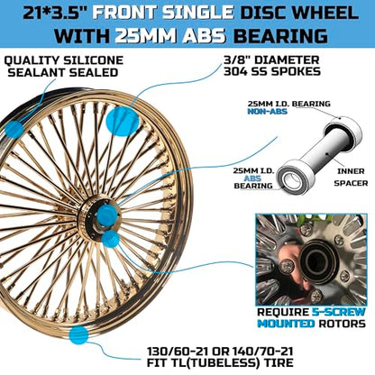 FatFlex Front Wheel for Harley Softail Slim Fat Boy 21” x 3.5” Gold - color: 21*3.5'', Gold+Gold+Gold