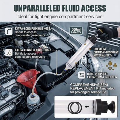 500CC Car Fluid Extractor, Automotive Fluid Extractor with 2 Extraction Tubes, Manual Extraction and Fill Pump, Universal Oil Change Syringe for Car, Motorcycle (Transparent)