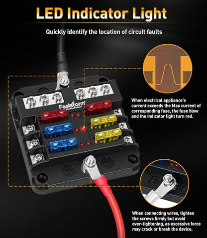 6 Way Fuse Block, Fuse Blocks 12 Volt Automotive with LED Indicator Water Resistant Marine Fuse Panel, Fuse Box 12V with 12 Blade Fuses for 12V/24V Auto Boat RV Golf Cart Truck Car Marine - color: 6 Way Fuse Block