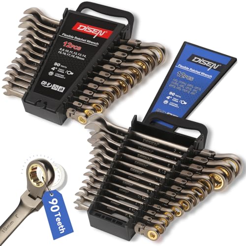 DISEN Ratcheting Wrenches Set 90 Tooth Flex-Head with Nickel Plating 24 Pcs - size: 24 MM&IN