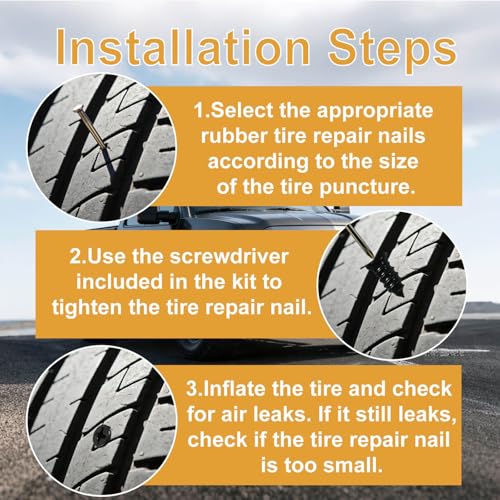 64 PCS Tire Repair Screws Rubber Nail Kit, 4 Sizes Screw in Tire Plugs