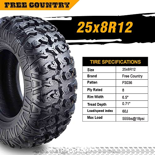 Free Country Set 2 ATV Tires 25X8R12 8PR Radial w/SideScuff Guard 10342 - size: 25x8R12