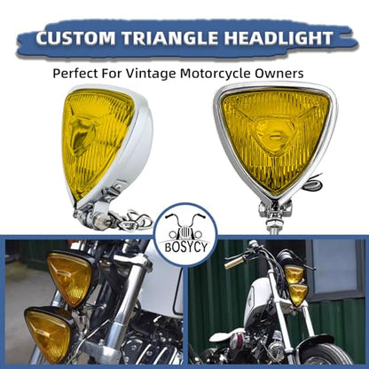 Motorcycle LED Headlight, Custom Triangle Headlamp, Upgraded Bikes' Chrome Front Light Universal Fit Chopper Cafe Racer Bobber Harley Springers Triumph - Bottom Mount Amber Lens - size: 1043-chrome-amber
