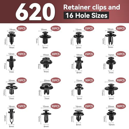 620Pcs Car Retainer Clips & Fasteners Kit – 16 Universal Sizes Nylon Bumper, Fender Rivets, Door Panel Clips, and Plastic Rivets with 10 Cable Ties and Removal Tool for Toyota, Ford, Benz (620pcs) - style: 620pcs