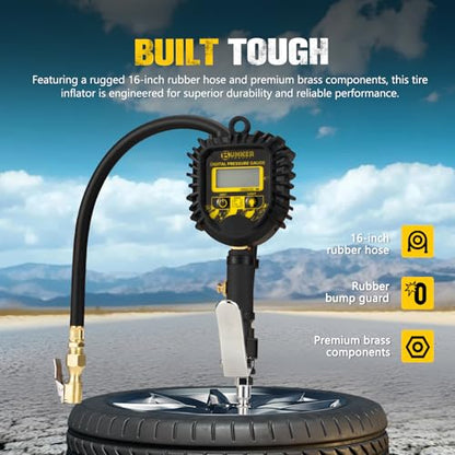 BUNKER INDUST Digital Tire Inflator with Pressure Gauge, Heavy Duty Air Chuck and Compressor Accessories with Built-in Top Light and Quick Connect Coupler, 0-250 PSI