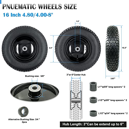 4.80/4.00-8" Pneumatic Tire and Wheel Assy,2PR (Air Filled)- 5/8"or 3/4" Powdered Metal bushings and 3"or 6"Center Hub, for Wheelbarrows,Garden and Utility Carts,Trolleys,Wagon and More