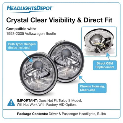 HEADLIGHTSDEPOT Chrome Housing Halogen Headlights Compatible with Volkswagen Beetle 1998-2005 Includes Left Driver and Right Passenger Side Headlamps