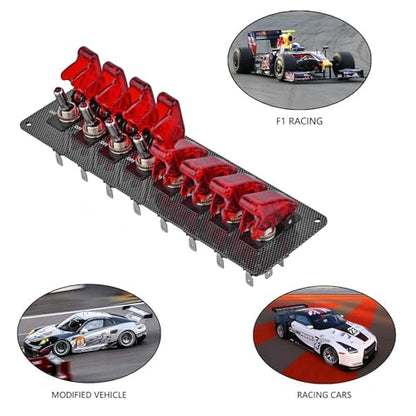 8 LED Racing Car Toggle Switch Panel 12V DC, Carbon Fiber Coated Aluminum Plate, Safety Cover Protection, Suitable for car, Truck, Ship Modification (8 Red Switches) - color: Red