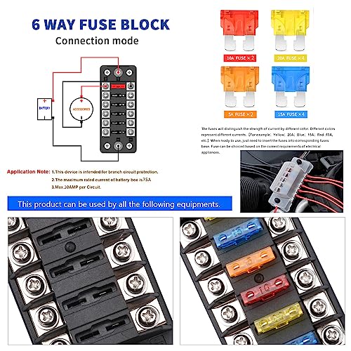 6-Way 12V Fuse Box Blade, 6-Volt Fuseholder, No LED Indicator, Moisture Resistant Cover - with Ground Bus 6-Way Independent Positive Fuseholder for DC 12V/24V Cars, Car Trucks, Boats, Marine Vehicles - size: 6 Way