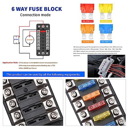 6-Way 12V Fuse Box Blade, 6-Volt Fuseholder, No LED Indicator, Moisture Resistant Cover - with Ground Bus 6-Way Independent Positive Fuseholder for DC 12V/24V Cars, Car Trucks, Boats, Marine Vehicles - size: 6 Way