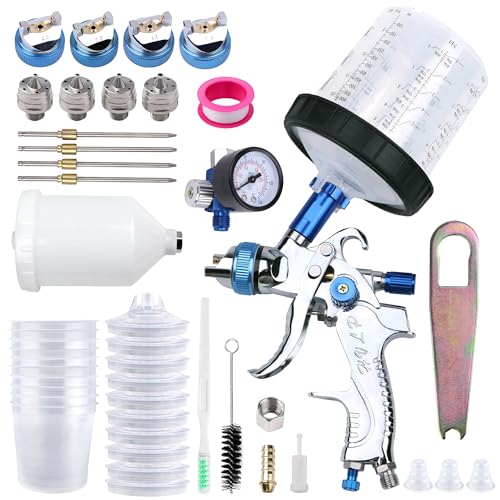 HVLP Spray Gun Kit, 4 Nozzles & 10 Disposable Paint Cups for Auto - color: BLUE