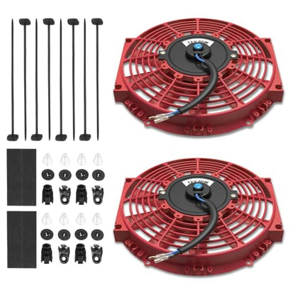 Auto Dynasty 2Pc 12" Universal 12V Electric Radiator Cooling Fan Kit, Red - color: Red, size: 12 Inch No Thermostat Wiring Switch Relay Kit