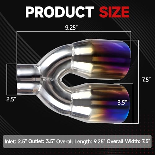 LCGP Dual Exhaust Tip 2.5 inch Inlet 3.5 inch Outlet Universal Car Stainless Steel Angle Cut 2-Packs PVD Blue Tailpipe(left and right) - size: 2.5x3.5x9.25 inch, style: Blue Burnt