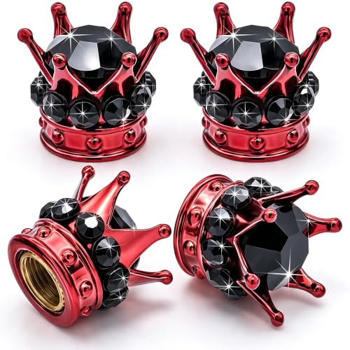 4PCS Crown Bling Tire Stem Valve Caps, Crystal Diamond Car Wheel Tire Valve Caps Universal Copper Core Stem Covers for Cars, SUV, Trucks, Bikes, Motorcycles, Bicycles (Red & Black) - color: Red & Black