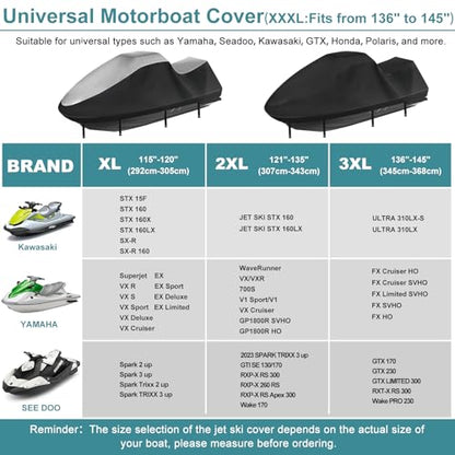 Jet Ski Cover 420D Waterproof for Yamaha Sea-Doo, 115"-120" 3 Seater PWC - color: Black-420-D, size: XL-115"-120"