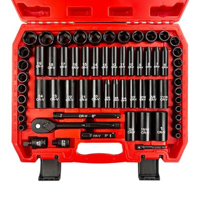 EACELIY 64pcs 3/8" Socket Set,Drive Impact Socket Set, SAE/Metric, Deep & Shallow, Cr-V Steel, 6 Point with Adapters, 72T Ratchet Handle, Extension Bars，Bit Adapter，6-24mm，5/16-1 inch - size: 64 PCS (5/16"-1")