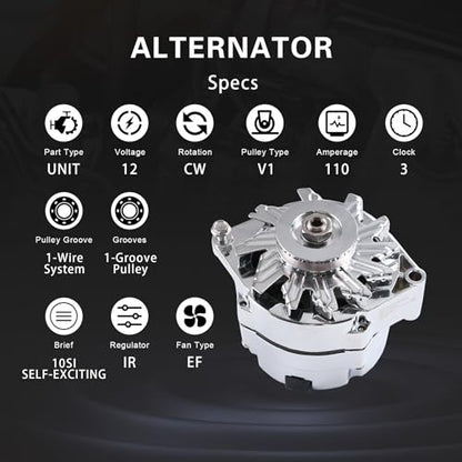 JDMSPEED New Alternator Chrome Replacement For Chevy BBC SBC 110Amp 1 Wire High Output RA00114