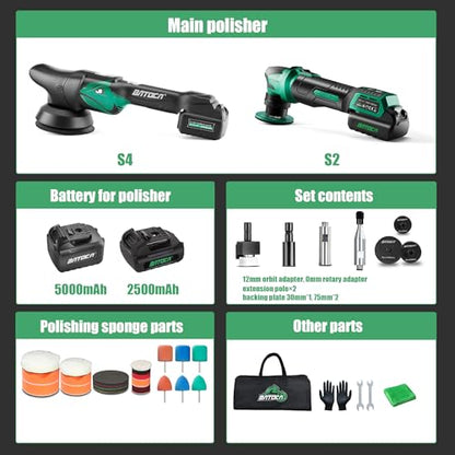 BATOCA Cordless Car Polisher Pro Combo Kit - S4 Brushless DA/RO+S2 Buffer
