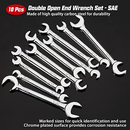 Mini Double Open End Wrench Set SAE 10 Pcs 5/32" to 7/16" with Portable Storage Pouches Mirror Chrome Finish Super Thin Open Ended Spanner Double Angle Head for Small Fasteners - style: SAE (Double Open End)