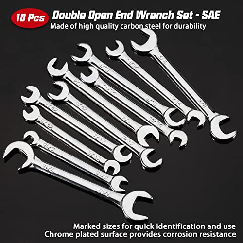 Mini Double Open End Wrench Set SAE 10 Pcs 5/32" to 7/16" with Portable Storage Pouches Mirror Chrome Finish Super Thin Open Ended Spanner Double Angle Head for Small Fasteners - style: SAE (Double Open End)